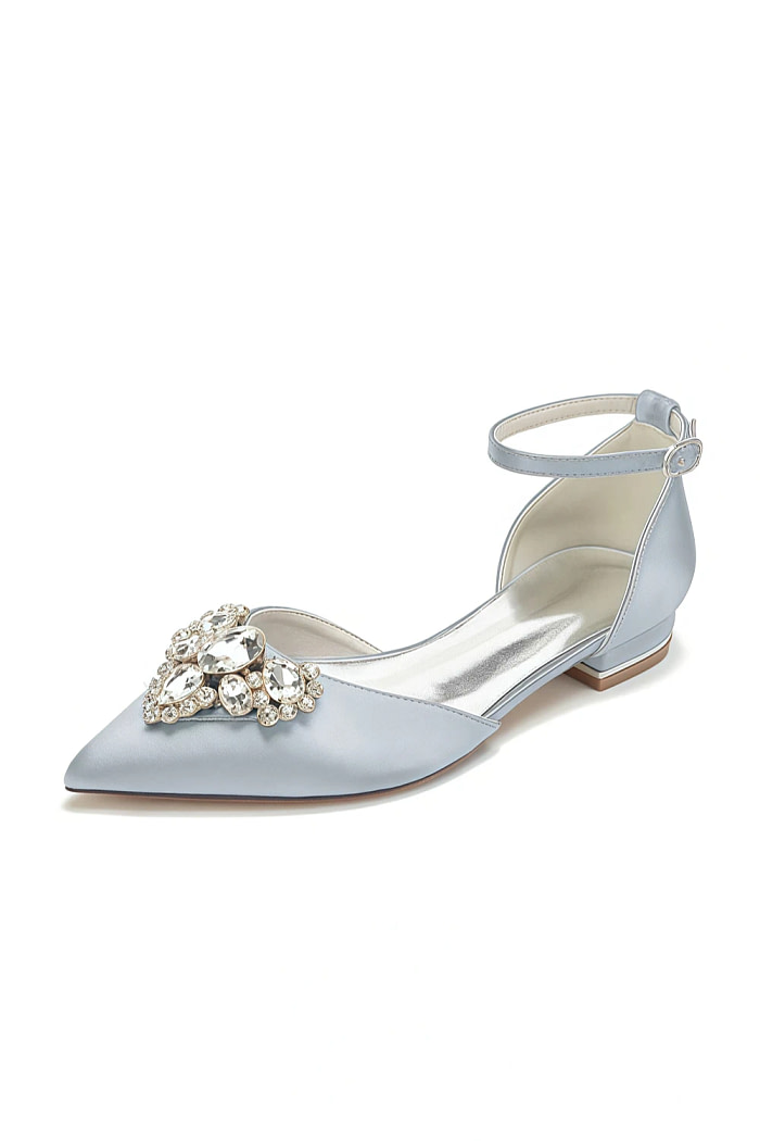 Akaks Ankle Strap Low Block Heels Vail Bridal Flats Silver Satin With Sparkling Rhinestone And Pointed Toe​​ Image464449