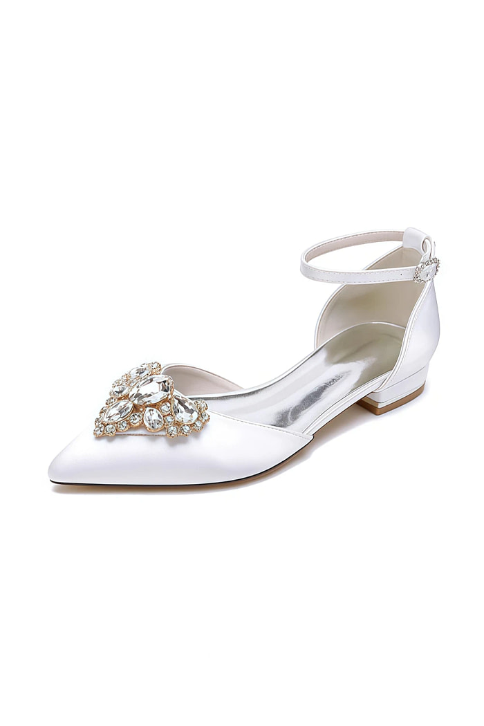 Akaks Ankle Strap Low Block Heels Vail Bridal Flats White Satin With Sparkling Rhinestone And Pointed Toe Image987559