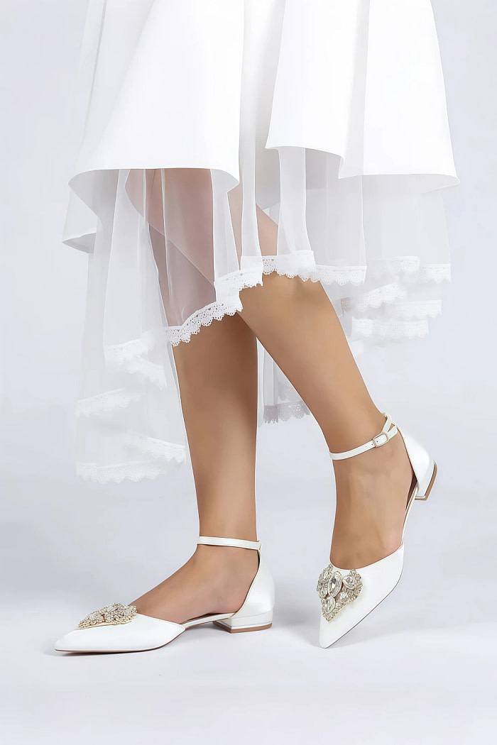 Akaks Ankle Strap Low Block Heels Vail Bridal Flats White Satin With Sparkling Rhinestone And Pointed Toe​​ Image840477