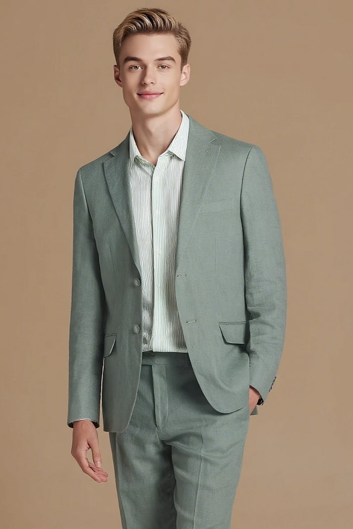 Akaks Arlo Linen Sage Green Suit Single Breasted Notch Lapels Side-Vented Jacket Flat Front Pre-Hemmed Pants Image143939