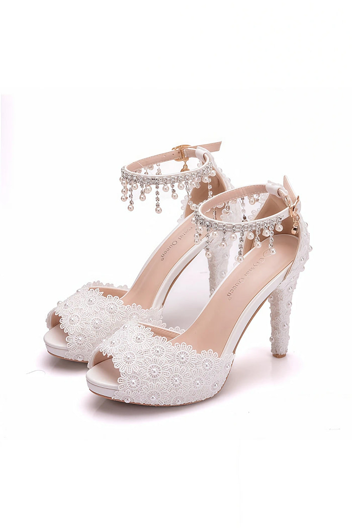Akaks Aurel White Lace Open Toe High Heels Sandals With Pearls Image558720