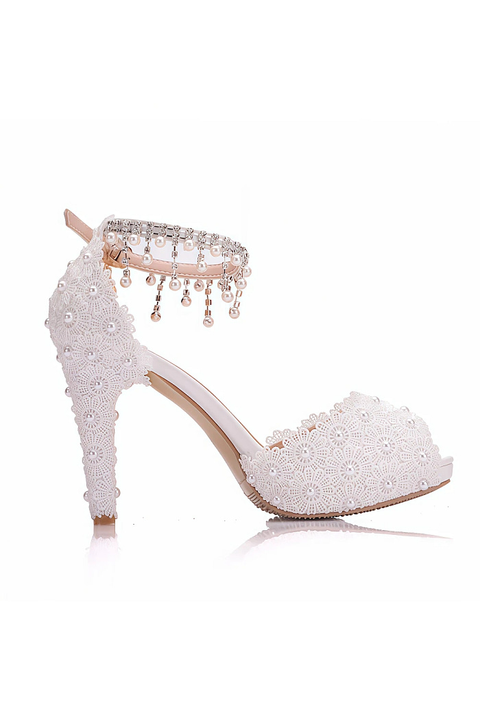 Akaks Aurel White Lace Open Toe High Heels Sandals With Pearls Image962388