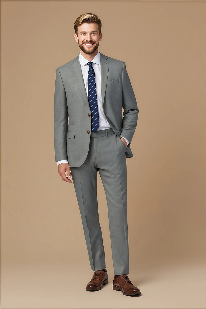 Akaks Axel Stretch Light Grey Suit 3 Piece Suits Single-Breasted Double-Button Jacket Straight-Leg Trousers With Back-Pocket Buttons Five-Button Waistcoat Image317428