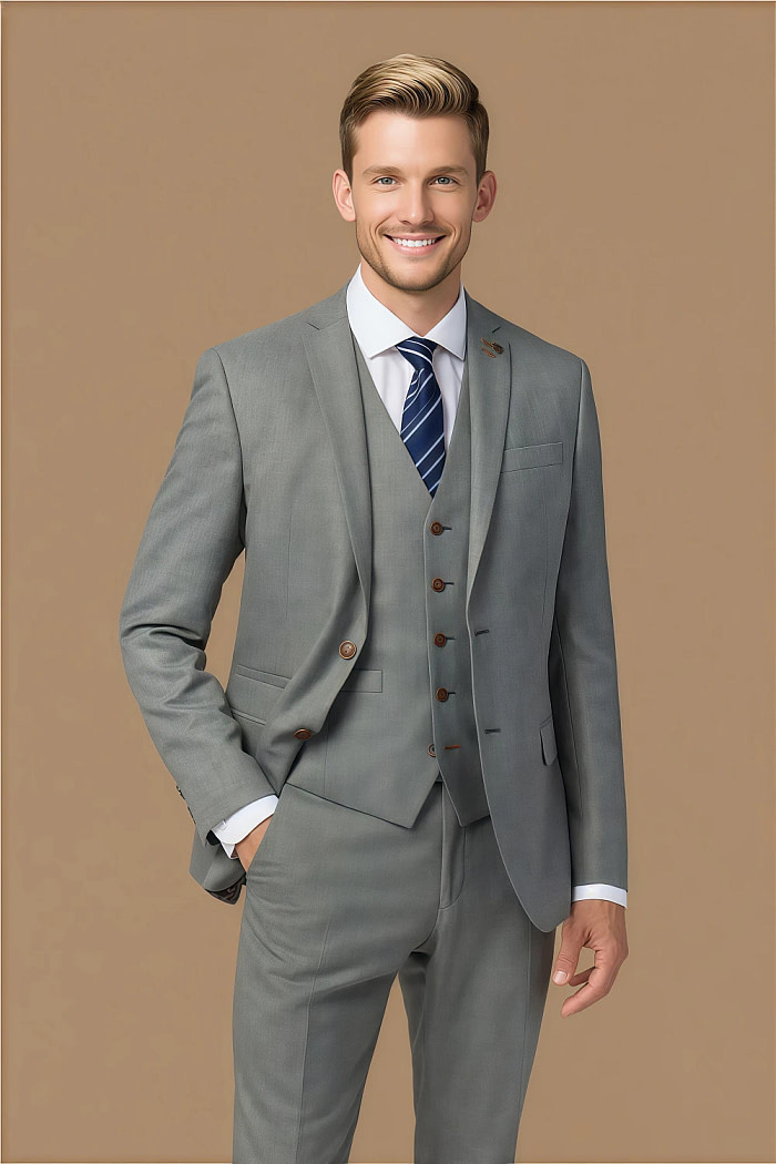 Akaks Axel Stretch Light Grey Suit 3 Piece Suits Single-Breasted Double-Button Jacket Straight-Leg Trousers With Back-Pocket Buttons Five-Button Waistcoat Image770010