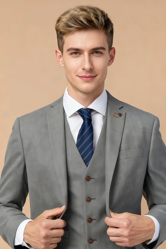Akaks Axel Stretch Light Grey Suit 3 Piece Suits Single-Breasted Double-Button Jacket Straight-Leg Trousers With Back-Pocket Buttons Five-Button Waistcoat Image937362