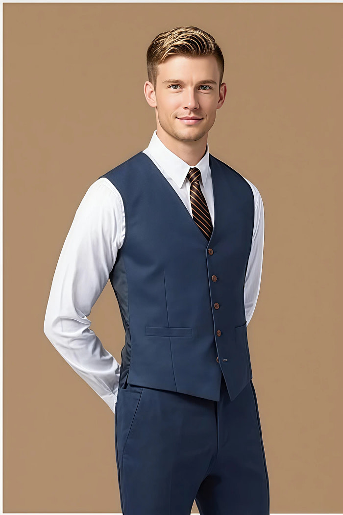 Akaks Axel Stretch Navy Suit Blue 3 Piece Suits Single-Breasted Double-Button Jacket Straight-Leg Trousers With Back-Pocket Buttons Five-Button Waistcoat Image330064