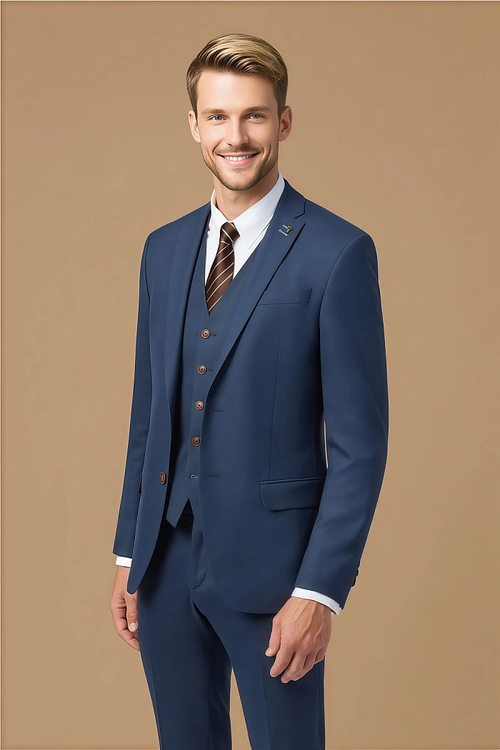Akaks Axel Stretch Navy Suit Blue 3 Piece Suits Single-Breasted Double-Button Jacket Straight-Leg Trousers With Back-Pocket Buttons Five-Button Waistcoat Image500371