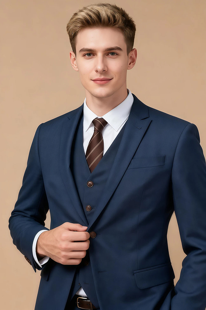 Akaks Axel Stretch Navy Suit Blue 3 Piece Suits Single-Breasted Double-Button Jacket Straight-Leg Trousers With Back-Pocket Buttons Five-Button Waistcoat Image531132