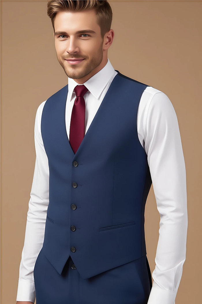 Akaks Beau Stretch Blue Suit 3 Piece Suits Single-Breasted Double-Button Jacket Straight-Leg Trousers With Back-Pocket Buttons Five-Button Waistcoat Image156143