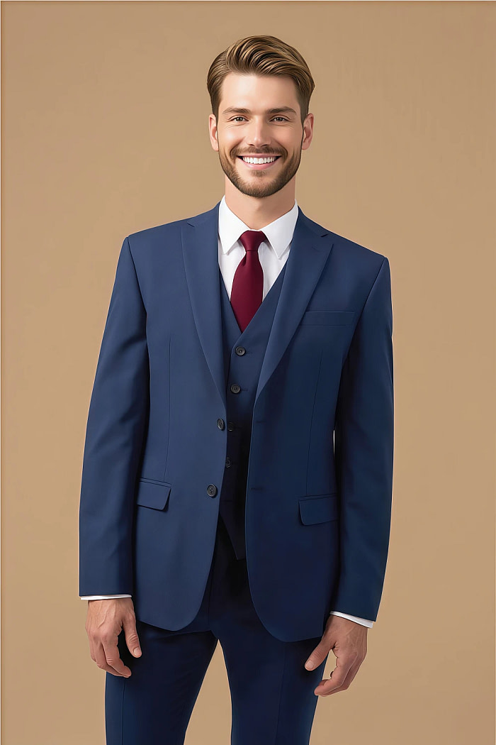 Akaks Beau Stretch Blue Suit 3 Piece Suits Single-Breasted Double-Button Jacket Straight-Leg Trousers With Back-Pocket Buttons Five-Button Waistcoat Image373240