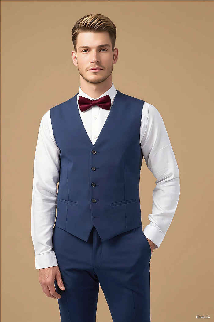 Akaks Beau Stretch Blue Suit 3 Piece Suits Single-Breasted Double-Button Jacket Straight-Leg Trousers With Back-Pocket Buttons Five-Button Waistcoat Image429490