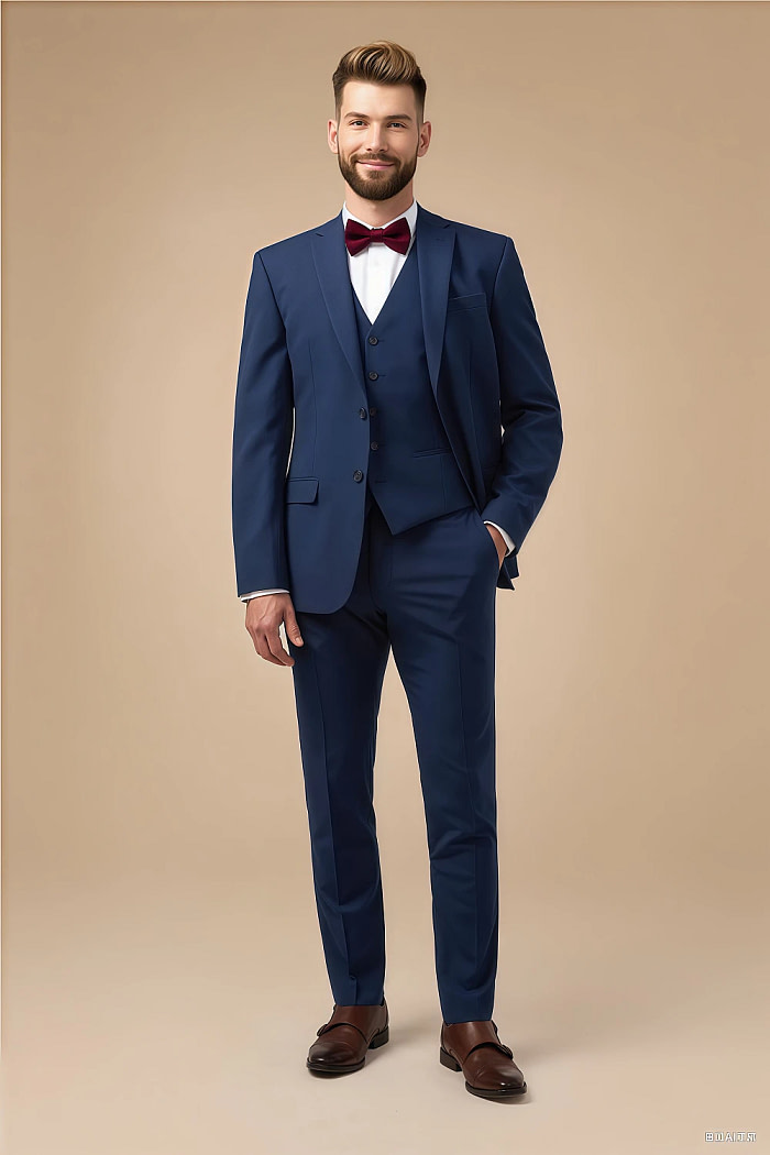 Akaks Beau Stretch Blue Suit 3 Piece Suits Single-Breasted Double-Button Jacket Straight-Leg Trousers With Back-Pocket Buttons Five-Button Waistcoat Image447682
