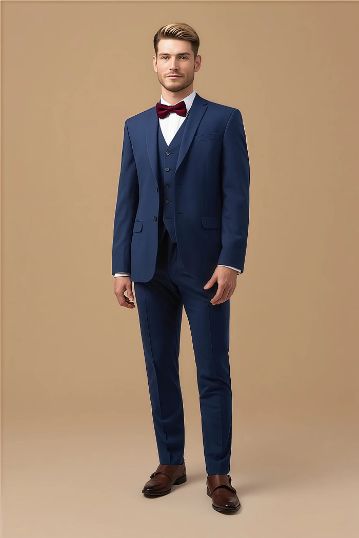 Akaks Beau Stretch Blue Suit 3 Piece Suits Single-Breasted Double-Button Jacket Straight-Leg Trousers With Back-Pocket Buttons Five-Button Waistcoat Image695058