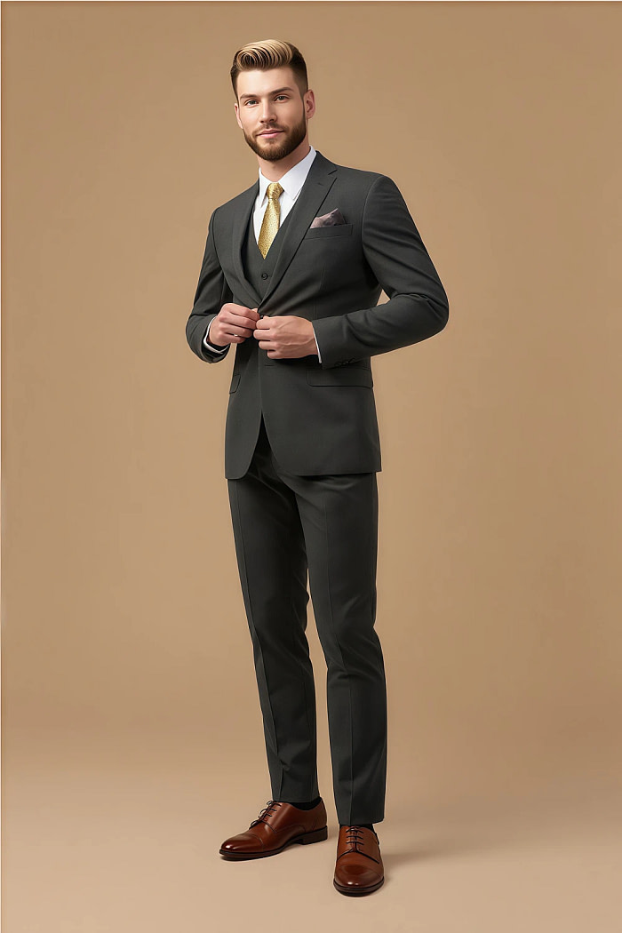 Akaks Beau Stretch Charcoal Gray Suit Three Piece Suit Single-Breasted Double-Button Jacket Straight-Leg Trousers With Back-Pocket Buttons Five-Button Waistcoat Image618289