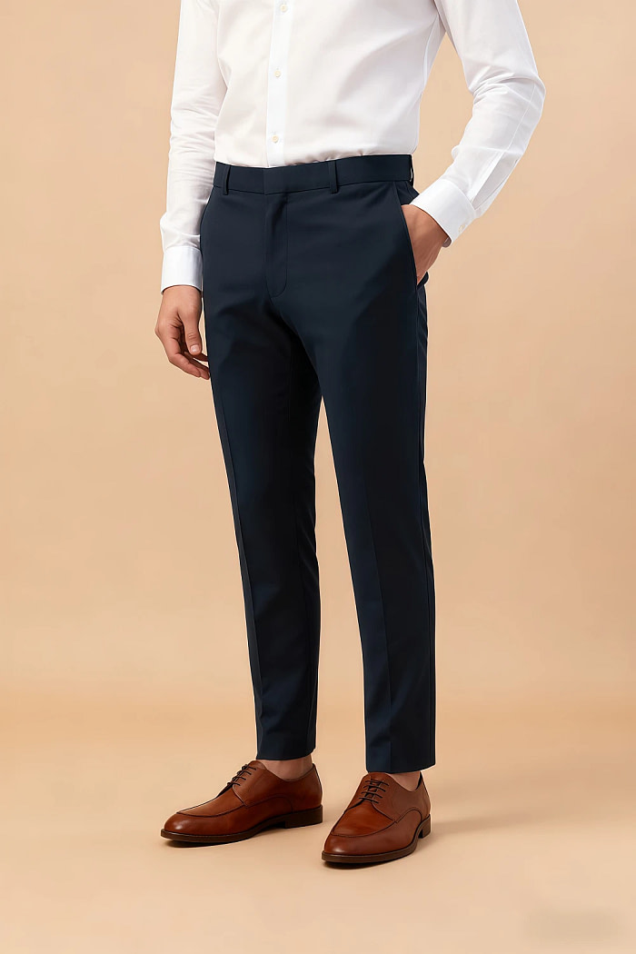 Akaks Beau Stretch Suits In Navy Blue Three Piece Suit Single-Breasted Double-Button Jacket Straight-Leg Trousers With Back-Pocket Buttons Five-Button Waistcoat Image165968