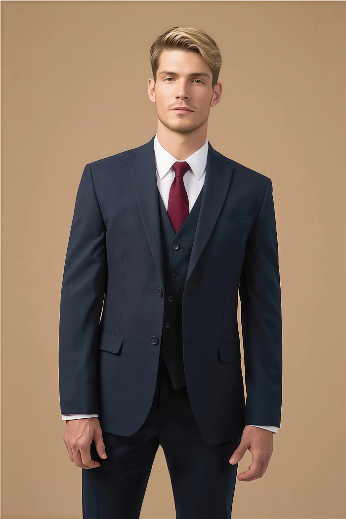 Akaks Beau Stretch Suits In Navy Blue Three Piece Suit Single-Breasted Double-Button Jacket Straight-Leg Trousers With Back-Pocket Buttons Five-Button Waistcoat Image347103