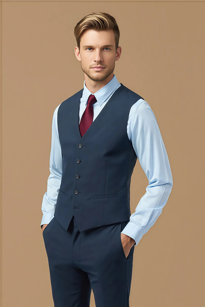 Akaks Beau Stretch Suits In Navy Blue Three Piece Suit Single-Breasted Double-Button Jacket Straight-Leg Trousers With Back-Pocket Buttons Five-Button Waistcoat Image591607