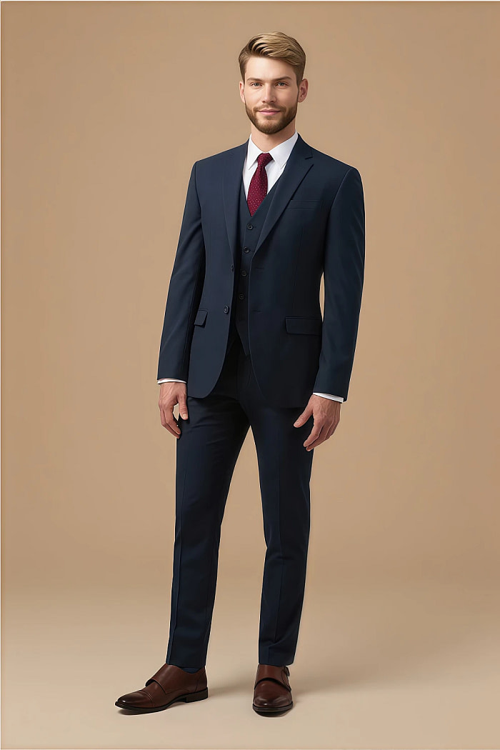 Akaks Beau Stretch Suits In Navy Blue Three Piece Suit Single-Breasted Double-Button Jacket Straight-Leg Trousers With Back-Pocket Buttons Five-Button Waistcoat Image628179