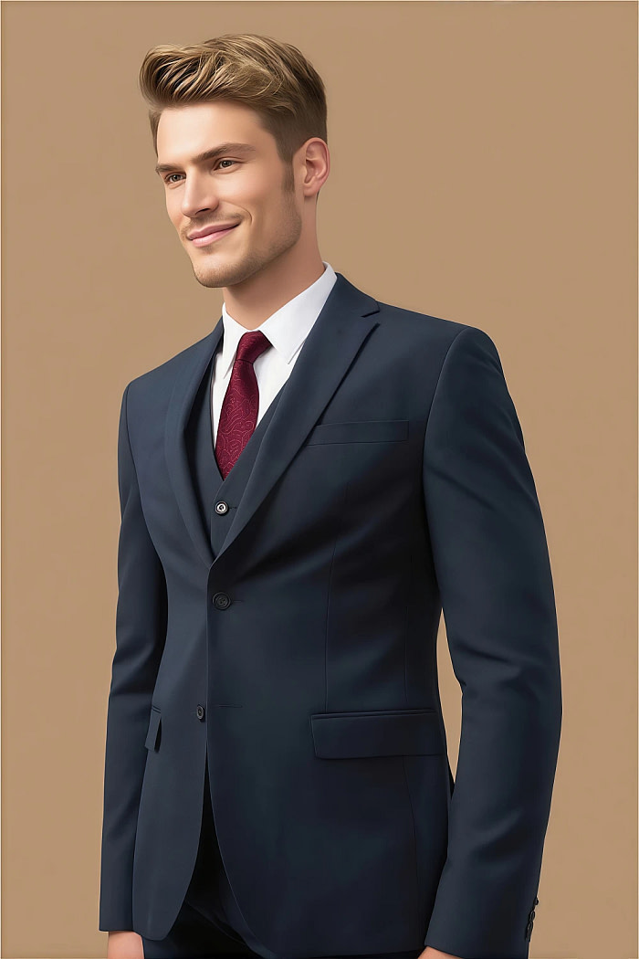 Akaks Beau Stretch Suits In Navy Blue Three Piece Suit Single-Breasted Double-Button Jacket Straight-Leg Trousers With Back-Pocket Buttons Five-Button Waistcoat Image778237