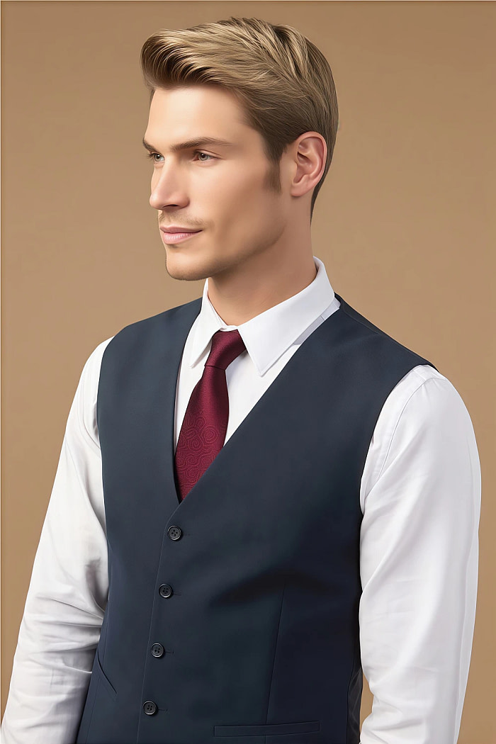 Akaks Beau Stretch Suits In Navy Blue Three Piece Suit Single-Breasted Double-Button Jacket Straight-Leg Trousers With Back-Pocket Buttons Five-Button Waistcoat Image894651