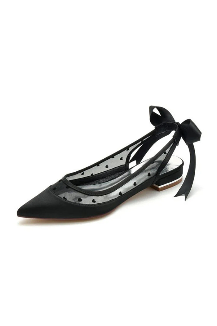 Akaks Black Mesh Pointed Toe Block Heel Uia Wedding Flats With Bow Image617228