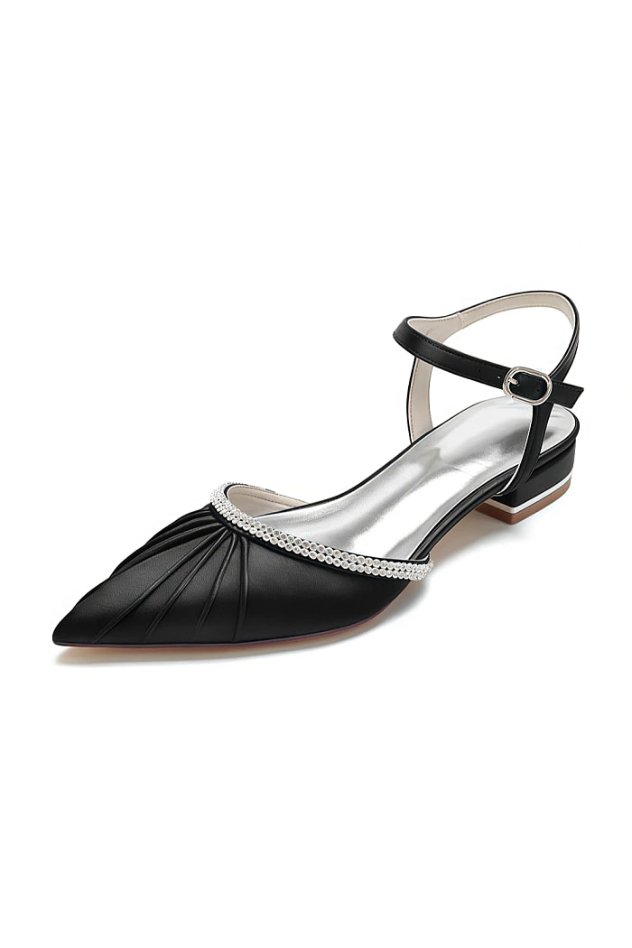 Akaks Black Pointed Toe Astra Satin Flats With Rhinestone Image494925