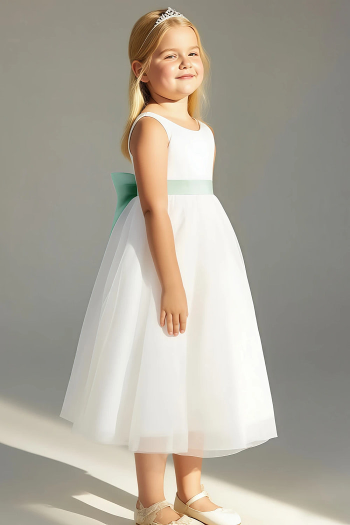 Akaks Blythe Flower Girl Dress Agave A-Line Scoop Neck Tea Length Tulle Dress With Detachable Bow Image322163