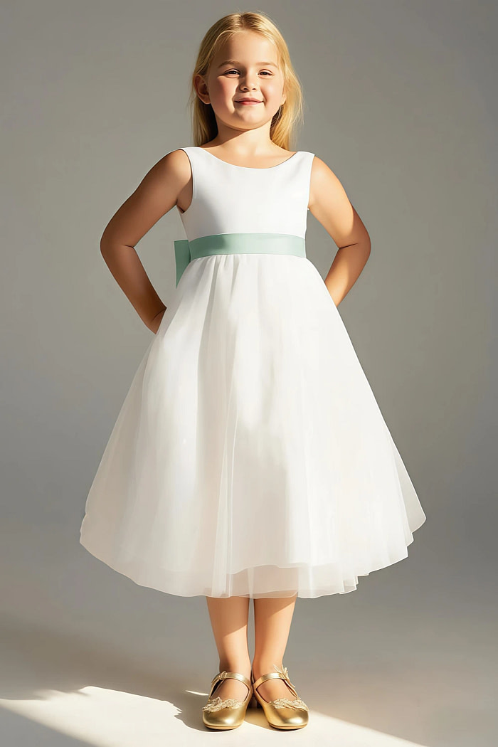 Akaks Blythe Flower Girl Dress Agave A-Line Scoop Neck Tea Length Tulle Dress With Detachable Bow Image881577
