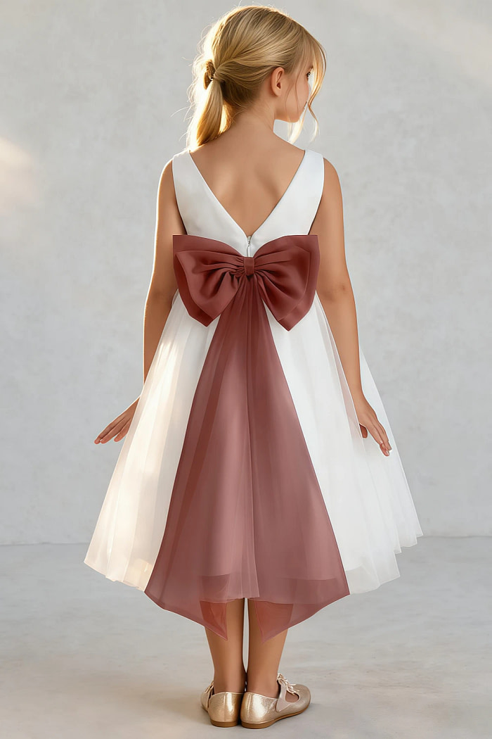 Akaks Blythe Flower Girl Dress Auburn A-Line Scoop Neck Tea Length Tulle Dress With Detachable Bow Image422253