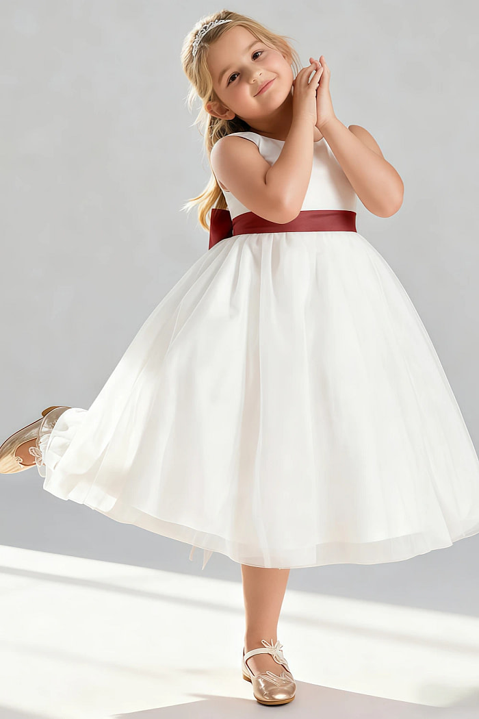 Akaks Blythe Flower Girl Dress Auburn A-Line Scoop Neck Tea Length Tulle Dress With Detachable Bow Image501767