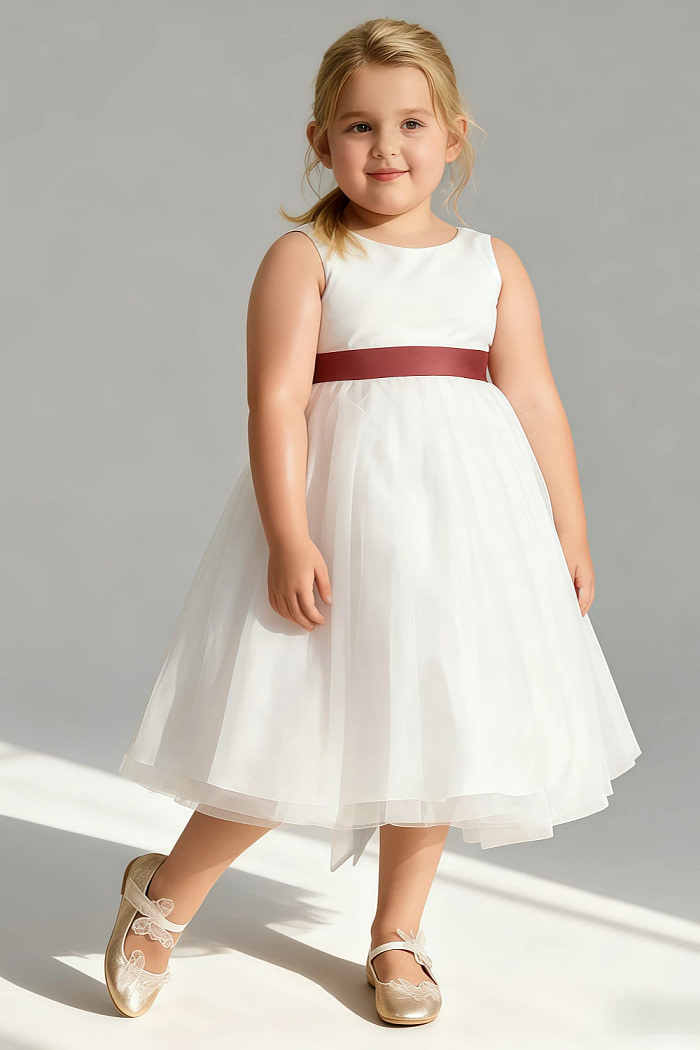 Akaks Blythe Flower Girl Dress Auburn A-Line Scoop Neck Tea Length Tulle Dress With Detachable Bow Image619764