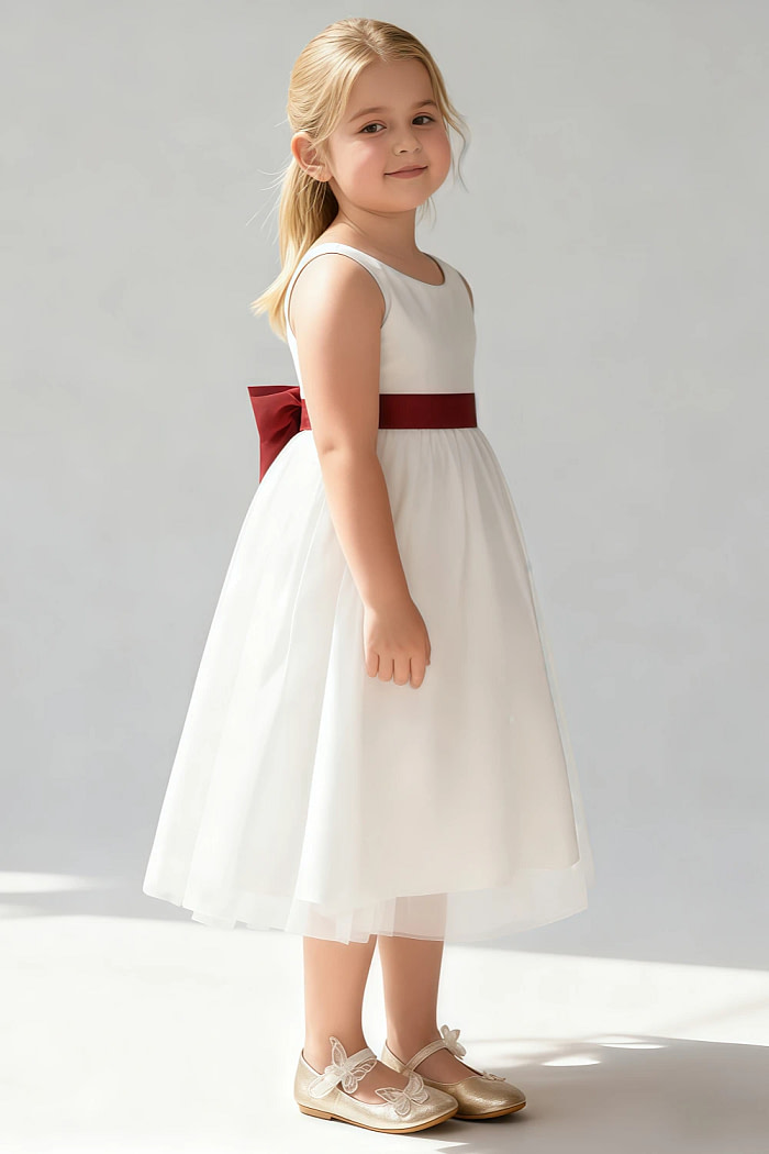 Akaks Blythe Flower Girl Dress Auburn A-Line Scoop Neck Tea Length Tulle Dress With Detachable Bow Image653685