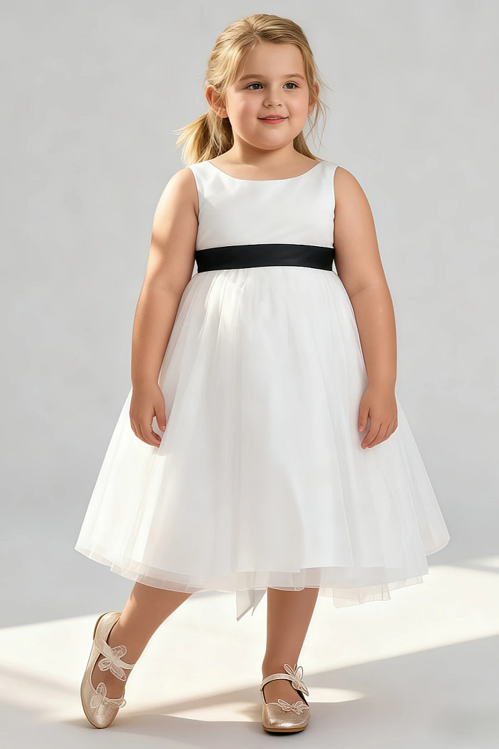 Akaks Blythe Flower Girl Dress Black A-Line Scoop Neck Tea Length Tulle Dress With Detachable Bow Image378638