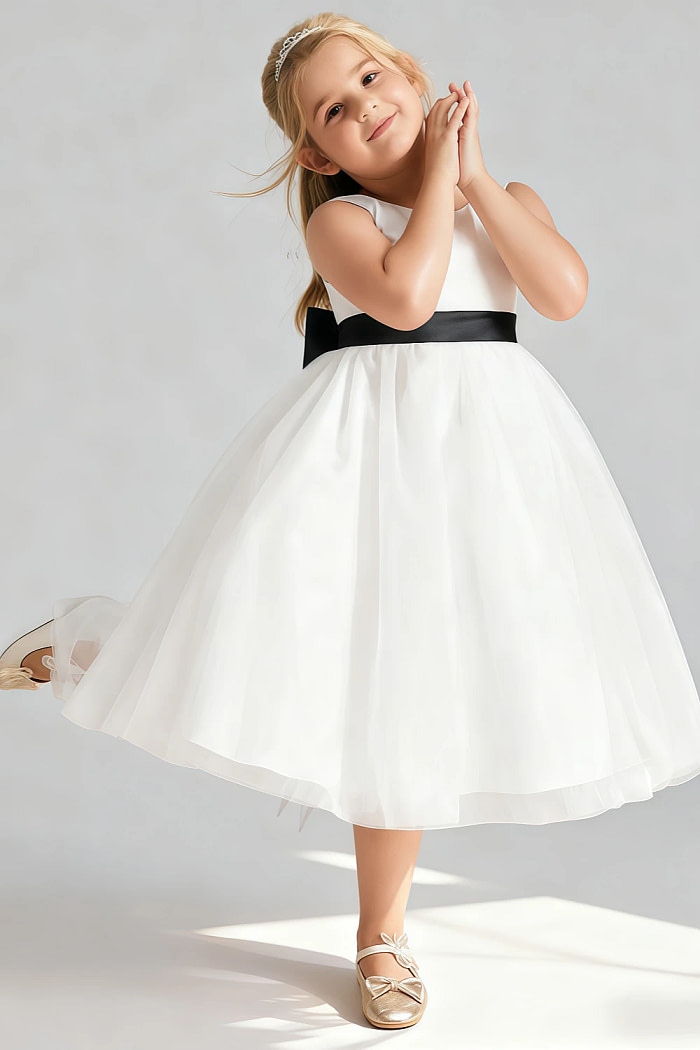 Akaks Blythe Flower Girl Dress Black A-Line Scoop Neck Tea Length Tulle Dress With Detachable Bow Image444449