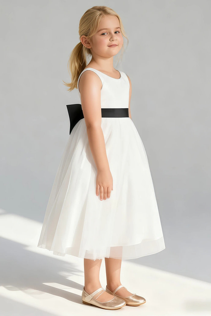 Akaks Blythe Flower Girl Dress Black A-Line Scoop Neck Tea Length Tulle Dress With Detachable Bow Image493126