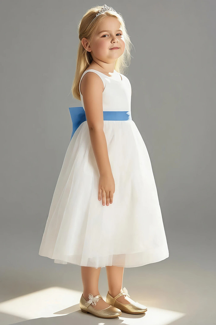 Akaks Blythe Flower Girl Dress Blue Jay A-Line Scoop Neck Tea Length Tulle Dress With Detachable Bow Image127458