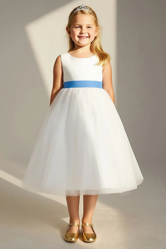 Akaks Blythe Flower Girl Dress Blue Jay A-Line Scoop Neck Tea Length Tulle Dress With Detachable Bow Image833538