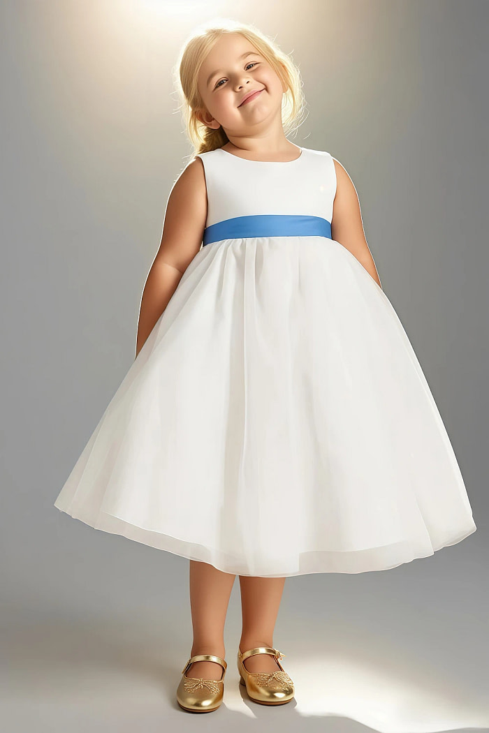 Akaks Blythe Flower Girl Dress Blue Jay A-Line Scoop Neck Tea Length Tulle Dress With Detachable Bow Image958441