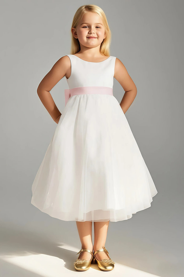 Akaks Blythe Flower Girl Dress Blush Pink A-Line Scoop Neck Tea Length Tulle Dress With Detachable Bow Image139291