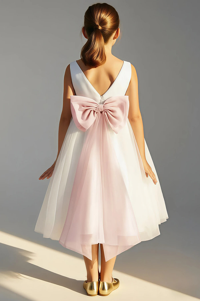 Akaks Blythe Flower Girl Dress Blush Pink A-Line Scoop Neck Tea Length Tulle Dress With Detachable Bow Image195171