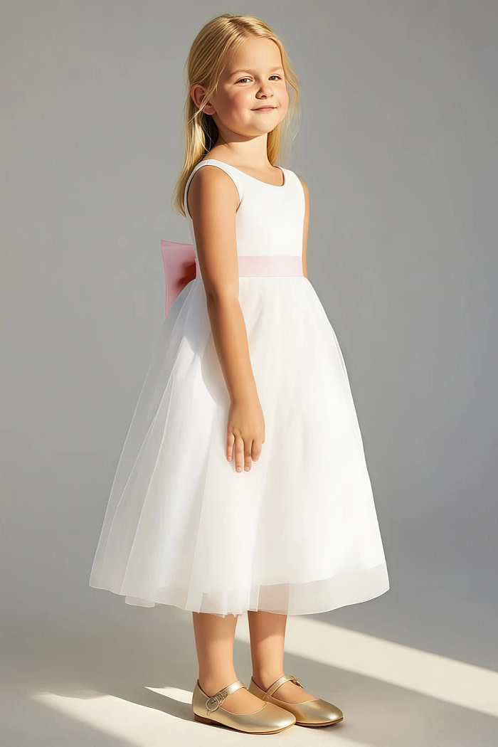 Akaks Blythe Flower Girl Dress Blush Pink A-Line Scoop Neck Tea Length Tulle Dress With Detachable Bow Image256709