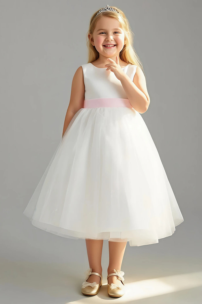Akaks Blythe Flower Girl Dress Blush Pink A-Line Scoop Neck Tea Length Tulle Dress With Detachable Bow Image869877