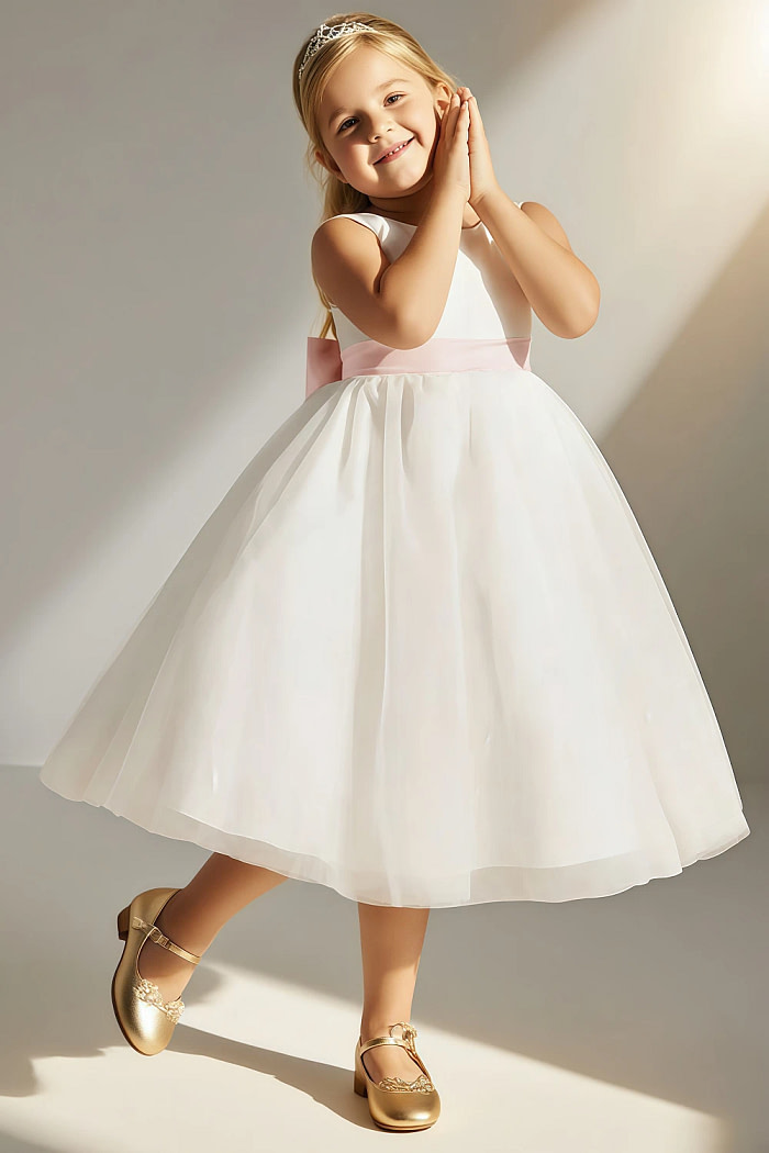 Akaks Blythe Flower Girl Dress Blush Pink A-Line Scoop Neck Tea Length Tulle Dress With Detachable Bow Image898370
