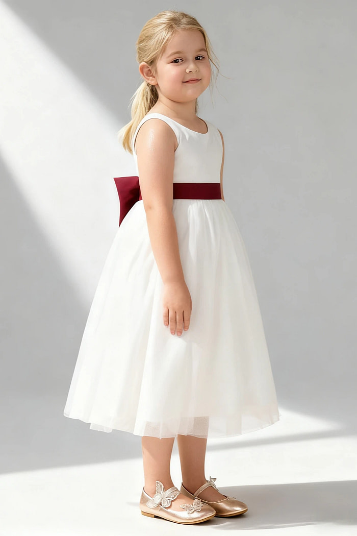 Akaks Blythe Flower Girl Dress Burgundy A-Line Scoop Neck Tea Length Tulle Dress With Detachable Bow Image501125