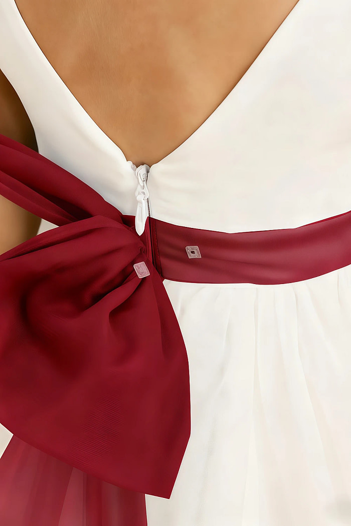 Akaks Blythe Flower Girl Dress Burgundy A-Line Scoop Neck Tea Length Tulle Dress With Detachable Bow Image695697