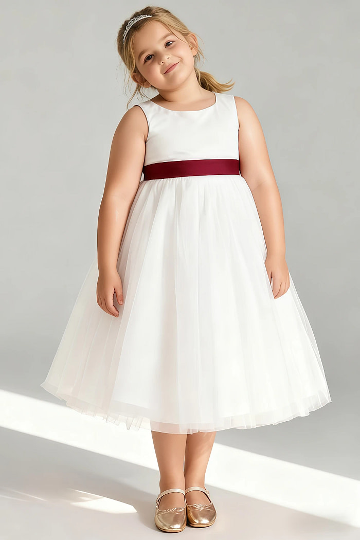 Akaks Blythe Flower Girl Dress Burgundy A-Line Scoop Neck Tea Length Tulle Dress With Detachable Bow Image800318