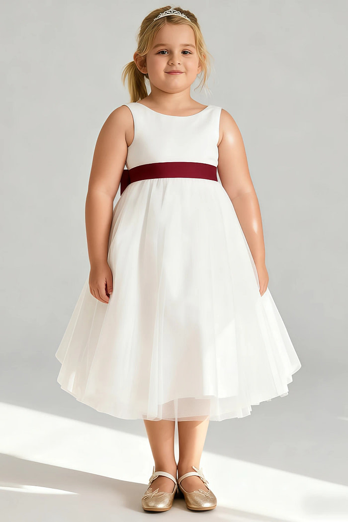 Akaks Blythe Flower Girl Dress Burgundy A-Line Scoop Neck Tea Length Tulle Dress With Detachable Bow Image848879