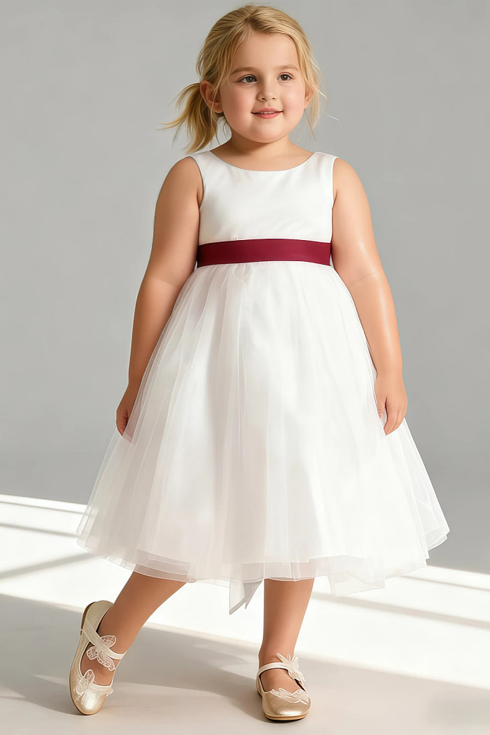 Akaks Blythe Flower Girl Dress Burgundy A-Line Scoop Neck Tea Length Tulle Dress With Detachable Bow Image863758