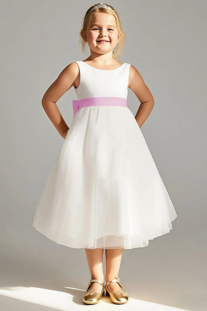 Akaks Blythe Flower Girl Dress Candy Pink A-Line Scoop Neck Tea Length Tulle Dress With Detachable Bow Image150721