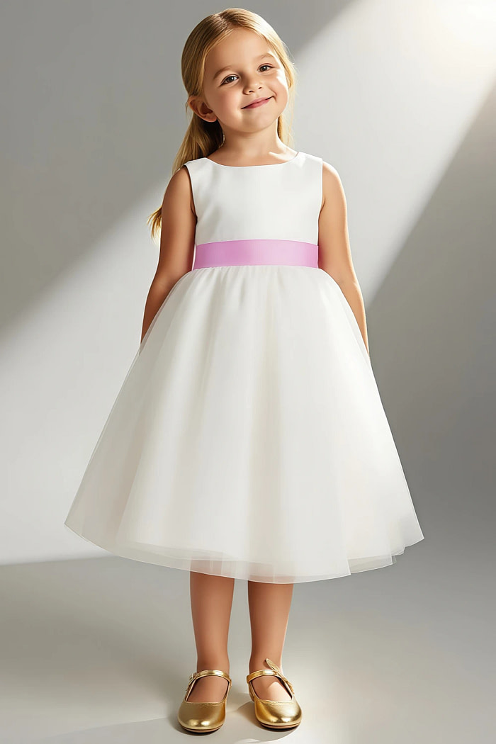 Akaks Blythe Flower Girl Dress Candy Pink A-Line Scoop Neck Tea Length Tulle Dress With Detachable Bow Image256255